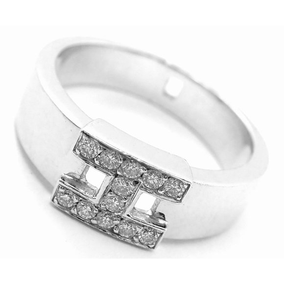 Authentic! Hermes 18k White Gold Diamond H Band Ring - Picture 1 of 8